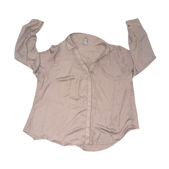 Worthington Womens Sheer Button-Up Blouse 2X Taupe Long Sleeve Lightweight Polye - Picture 1 of 6